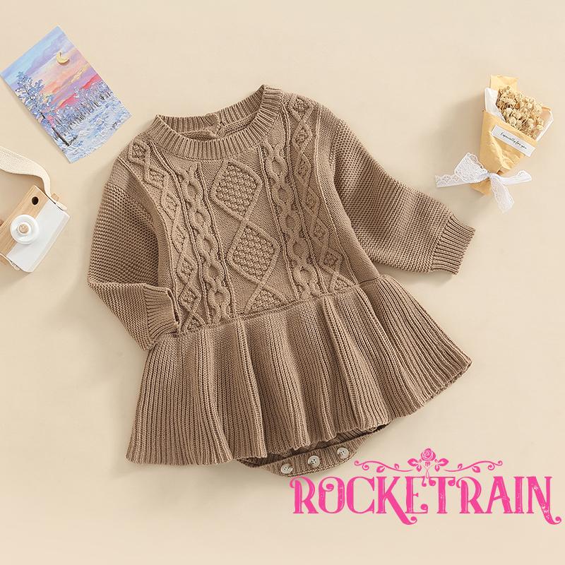 Áo Liền Quần Dệt Kim Tay Dài Cổ Tròn Màu Sắc Đơn Giản Cho Bé