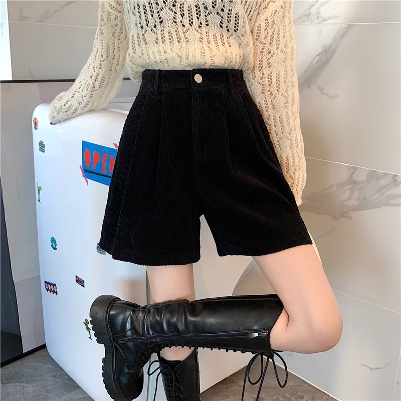 Xiaozhainv Quần ngắn vải nhung lưng cao dáng rộng thời trang dành cho nữ với 3 màu tùy chọn