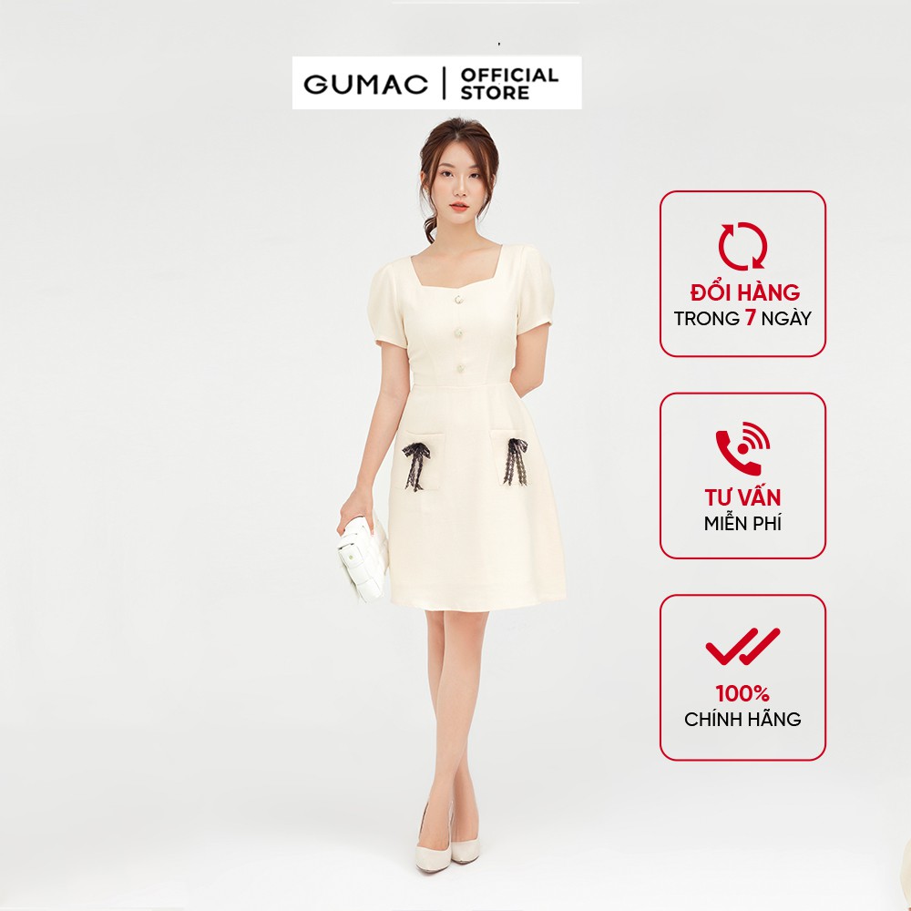 Đầm nữ dáng A đính nơ túi đắp GUMAC cổ vuông tay ngắn thanh lịch DB5122 – HÀNG MỚI VỀ – GUMAC >>> top1shop >>> shopee.vn