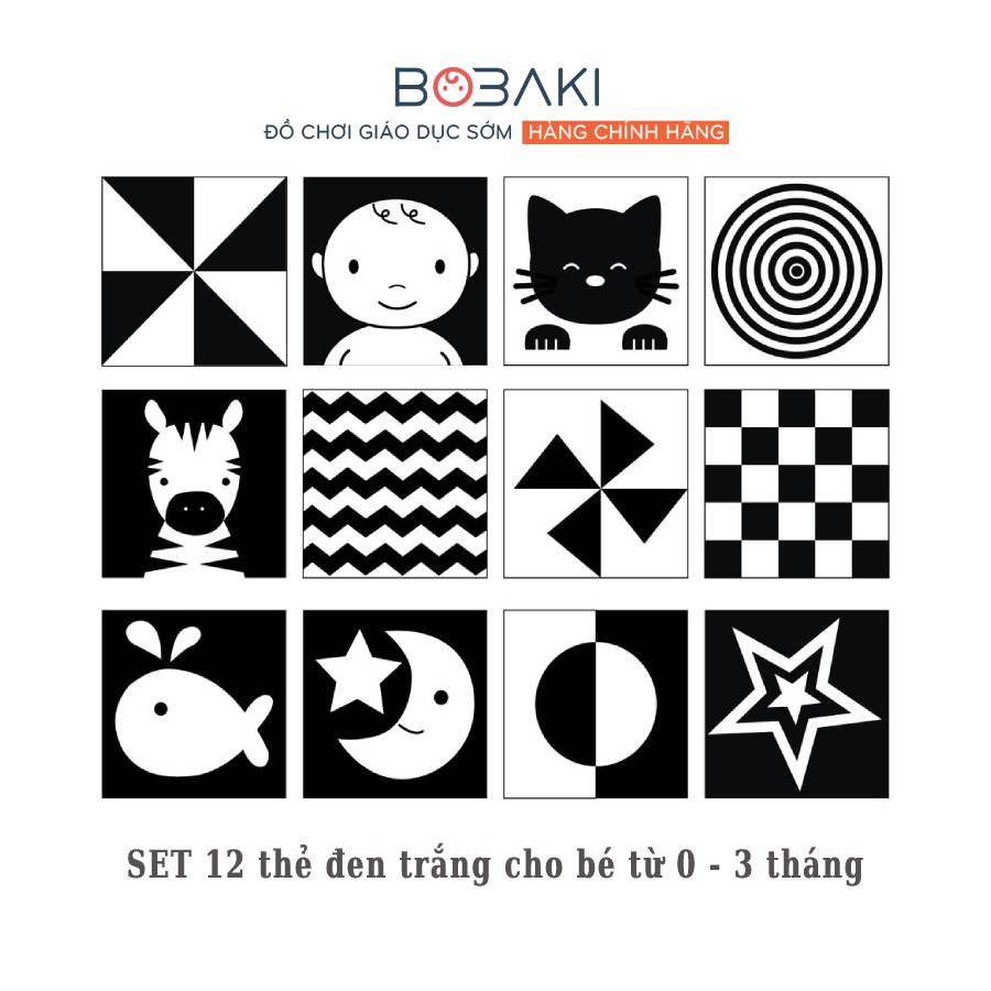 Bộ thẻ dán tường đen trắng học liệu Montessori kích thích thị giác cho trẻ sơ sinh thương hiệu BOBAKI