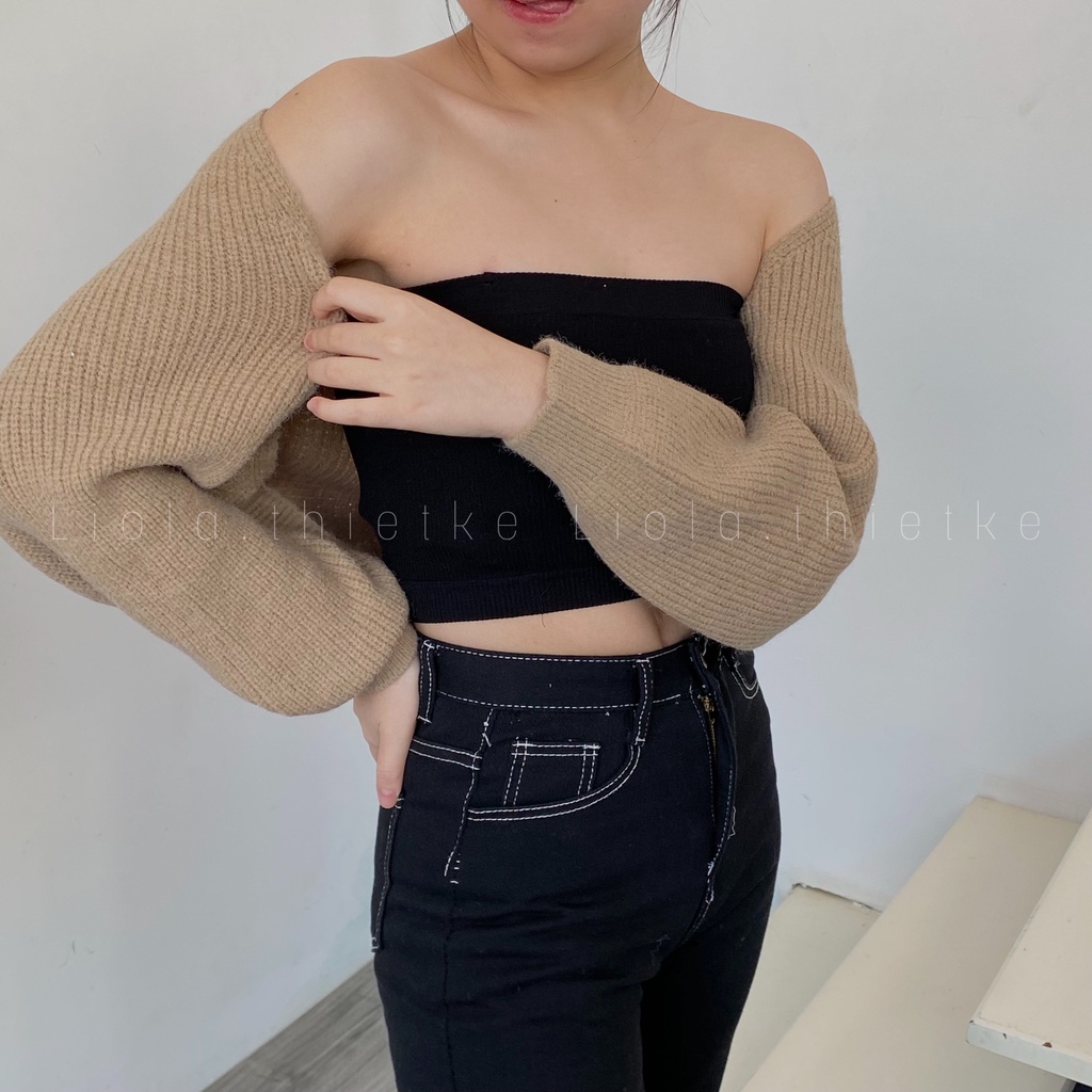 Áo khoác cadigan croptop len đan tay bồng dài ( hàng QC loại 1) LIOLA