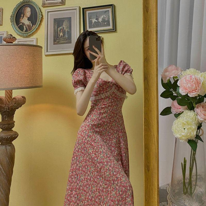 Mới Đầm Hoa Đỏ Dáng Dài Phong Cách Mori Pháp Cổ Điển Thời Trang Cho Nữ