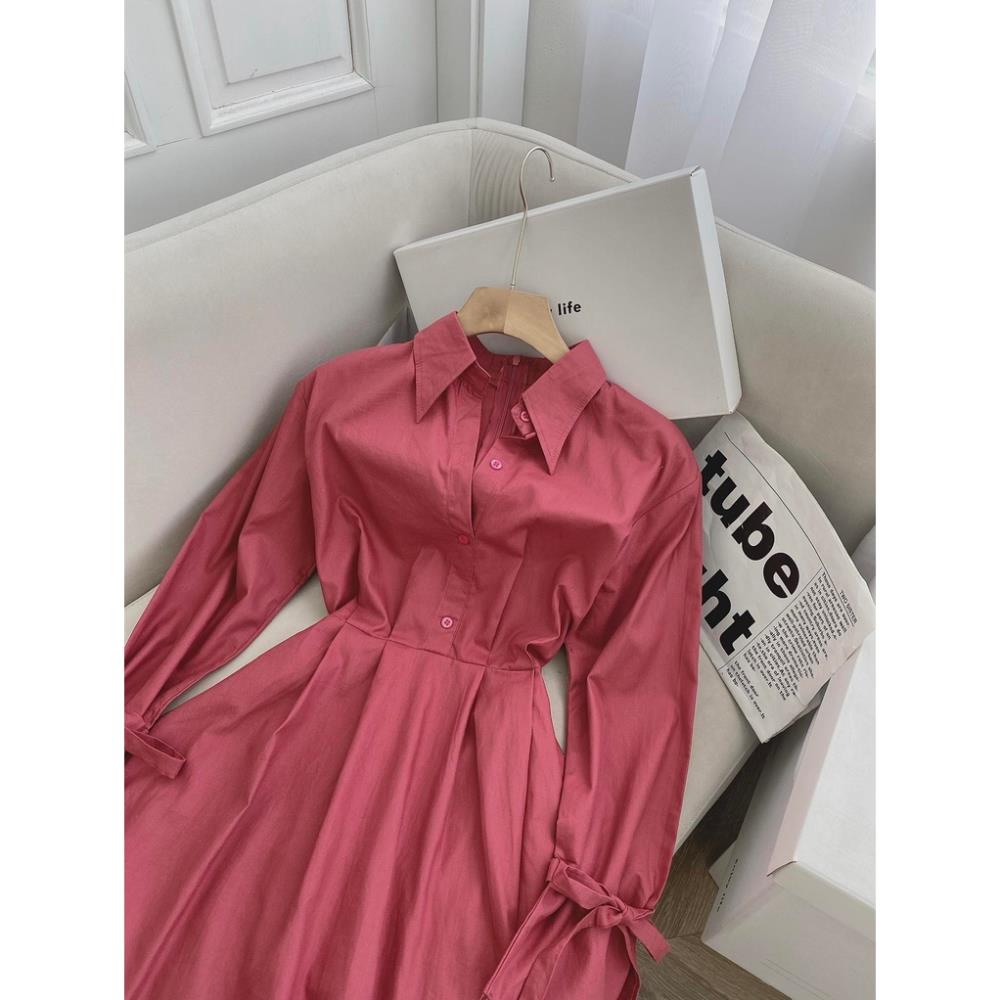 Đầm cổ sơ mi tay dài nơ hồng cánh sen