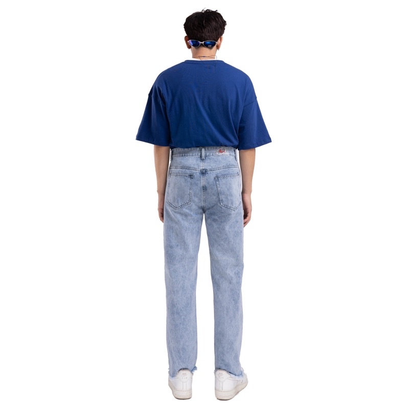 KIẾM LÀ MỐT FUNKY - quần jeans nam dài ống rộng màu xanh wash lai tua