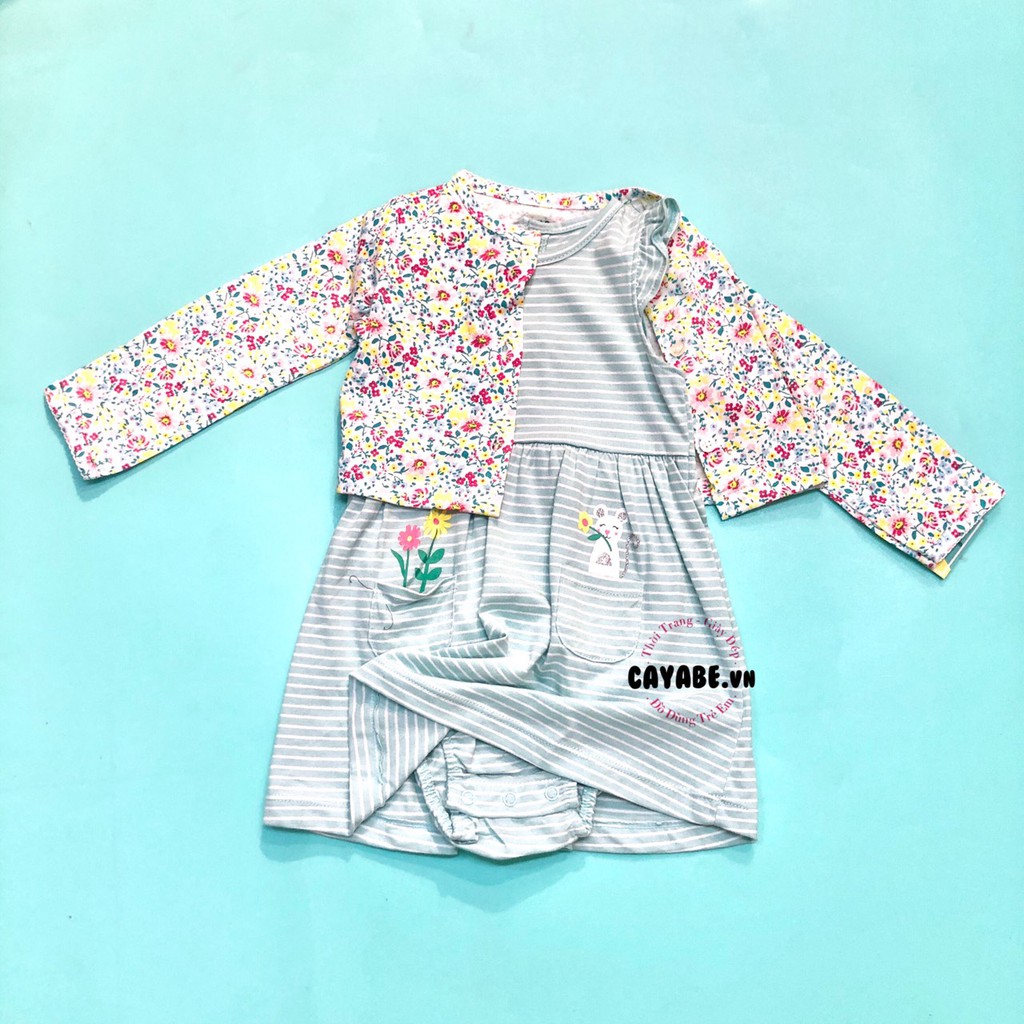 SET ĐẦM BODYSUIT VÀ ÁO KHOÁC CHO BÉ GÁI CAYABE: ĐẦM SỌC XANH NGỌC VÀ ÁO KHOÁC HOA NHỎ LI TI (QUẦN ÁO TRẺ EM)