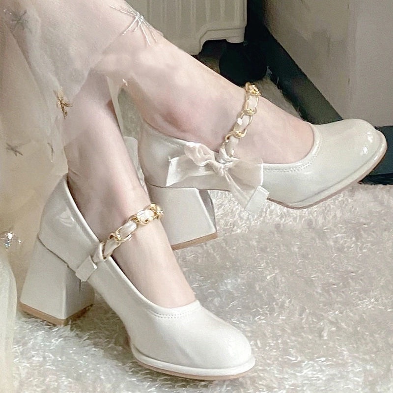 Giày cao gót retro Pháp 2022 mùa xuân mới nơ cổ điển