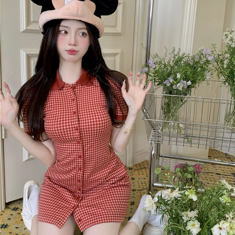 COZOK Đầm Tay Ngắn Cổ Bẻ Họa Tiết Sọc Caro Thiết Kế Ôm Sát Tôn Dáng