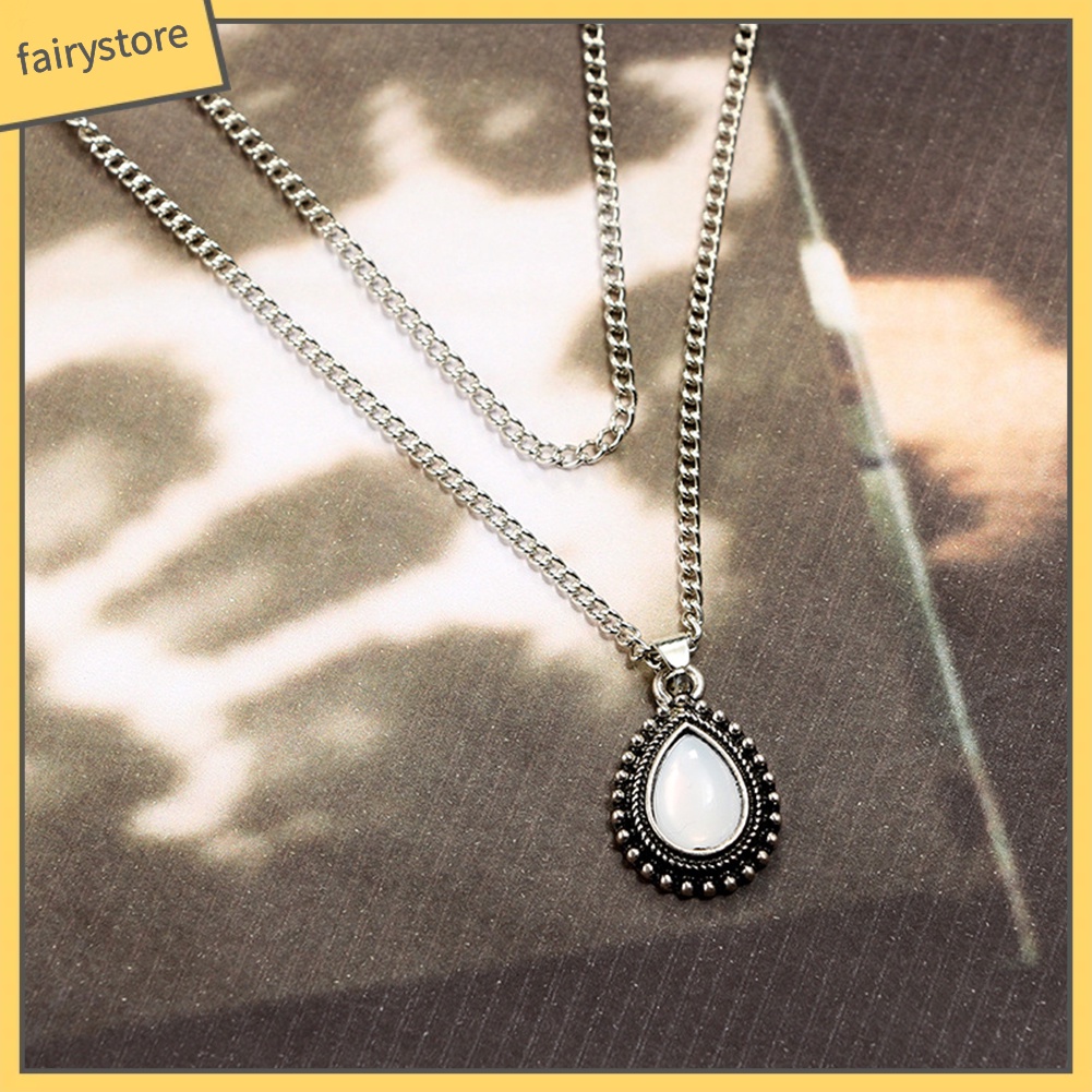 Dây chuyền thời trang hai lớp mặt đá opal hình giọt nước phong cách cổ điển sang trọng