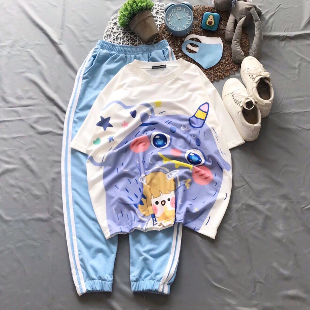 Đồ bộ hoạt hình quần Jogger trơn 2 sọc XANH BIỂN Freesize dành cho nam nữ Molly Fashion | BigBuy360 - bigbuy360.vn