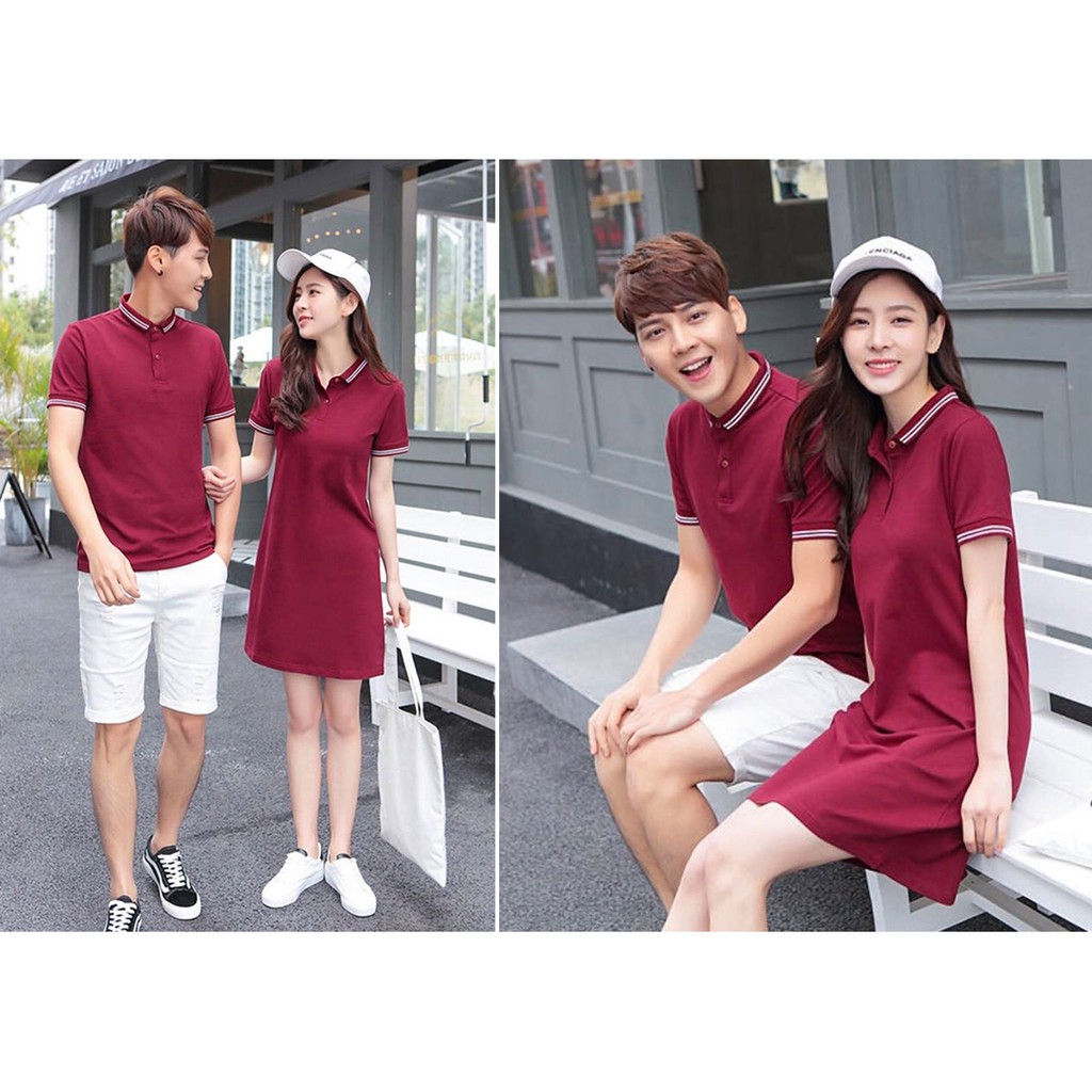 Set áo váy đôi nam nữ, đồ đôi màu đỏ kiểu Polo