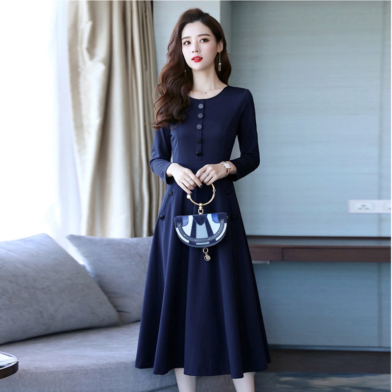 Đầm trung niên sang trọng, thiết kế tay dài thanh lịch che khuyết điểm tốt, vải Poly co giãn- WOBE Happy Mami - L144 | BigBuy360 - bigbuy360.vn