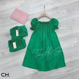 váy đi biển tay bo 1 màu xanh lá chất đũi tiểu thư