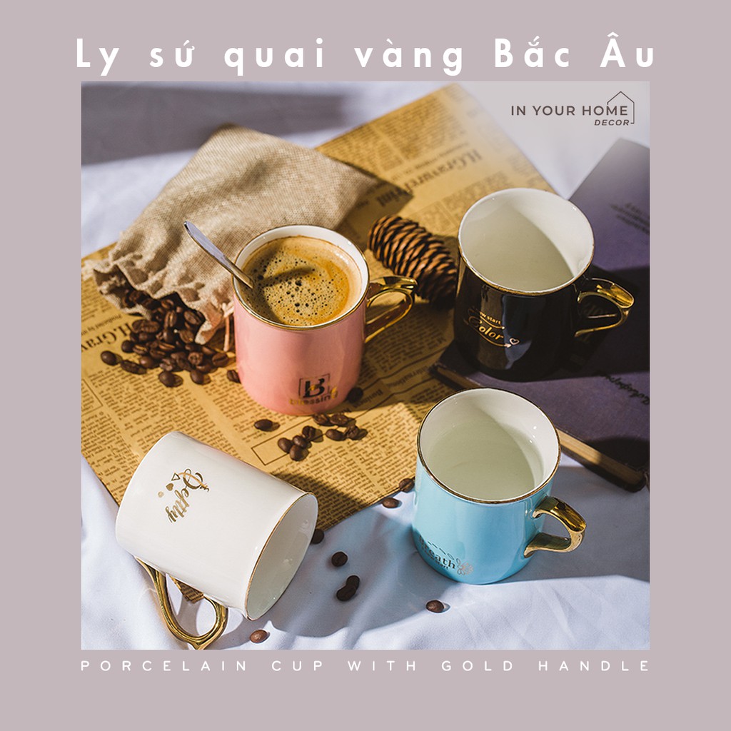 Ly sứ quai vàng Bắc Âu có tay cầm sang trọng cốc sứ uống nước, pha trà uống cafe