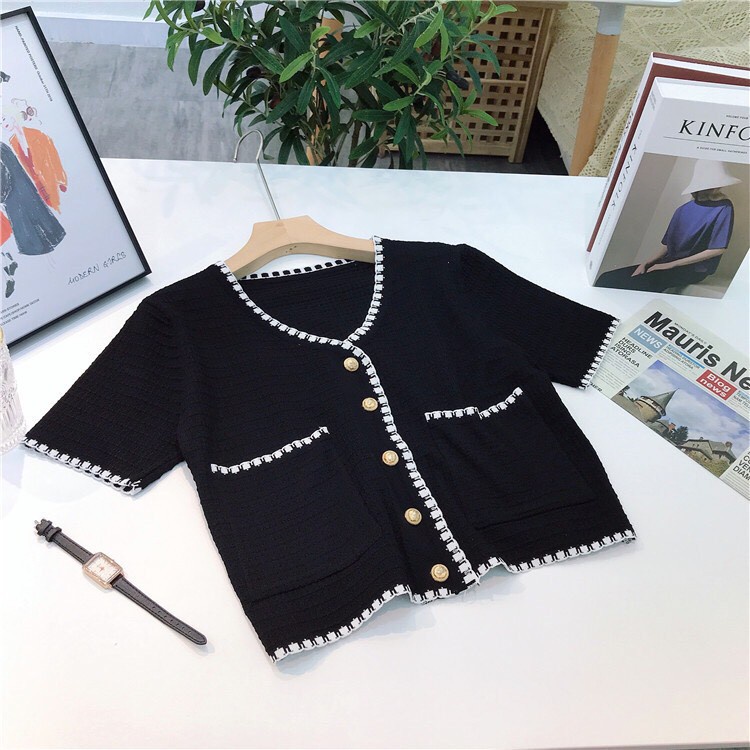 Áo CADIGAN Nữ MINAFS Dệt Kim Mỏng Croptop Cổ Tim Áo Len Không Cổ Chữ V