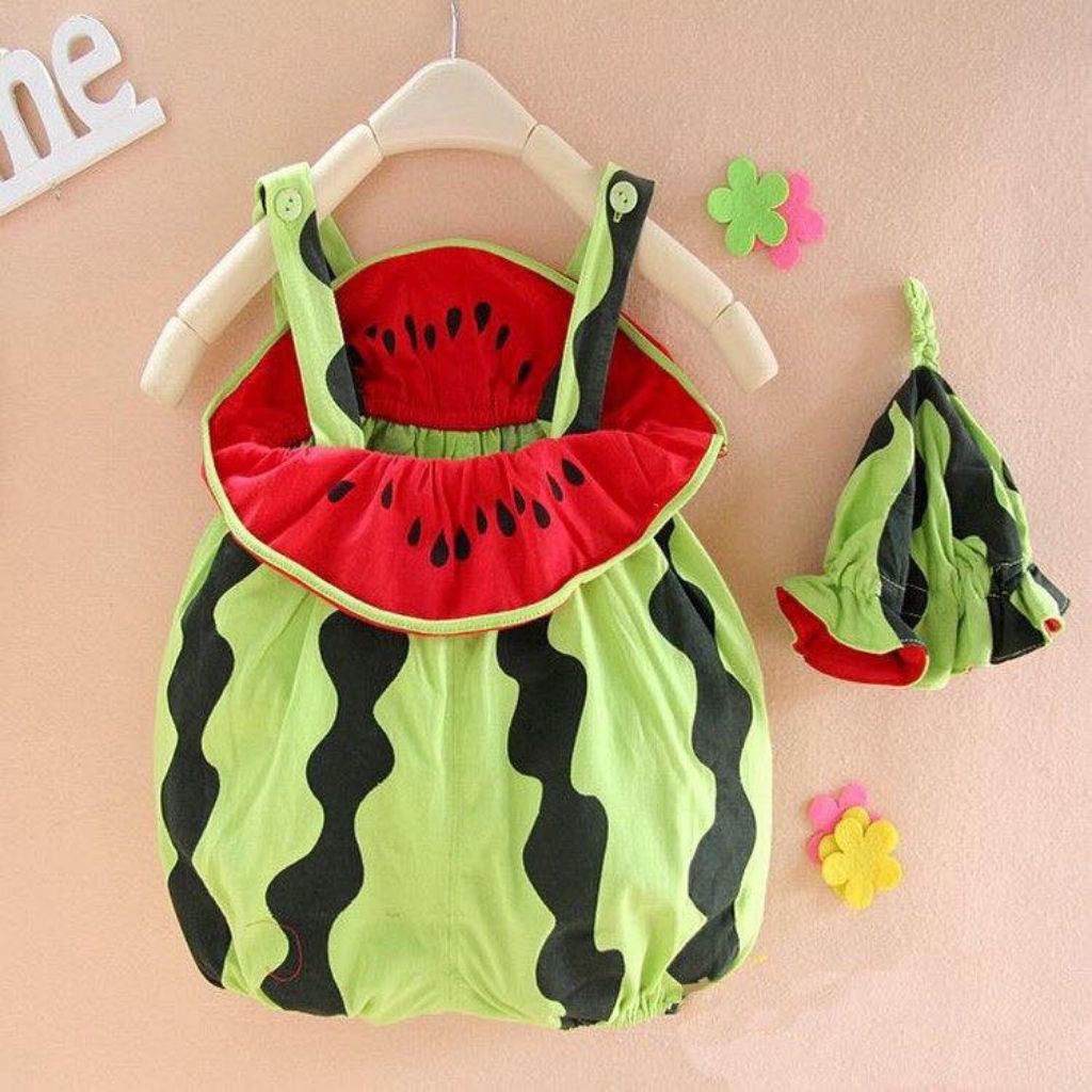 Áo liền quần/Bodysuit/ áo 2 dây kèm mũ xinh xắn cho bé trai,bé gái dưa hấu,bí ngô, hổ cam