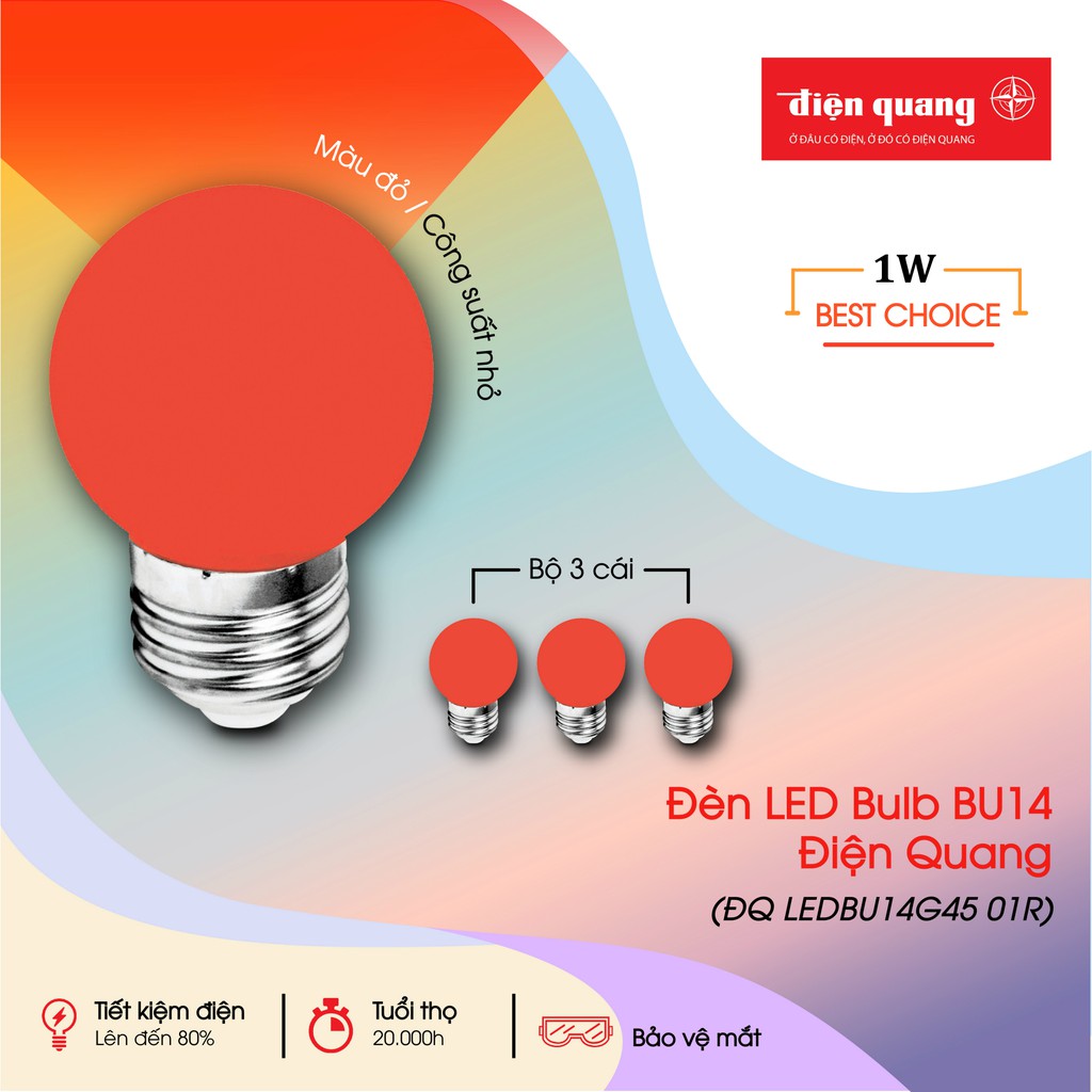 [Mã LIFE10K15 giảm 10K đơn 20K] Combo 3 Đèn LED bulb Điện Quang ĐQ LEDBU14G45 01R (1W đỏ)