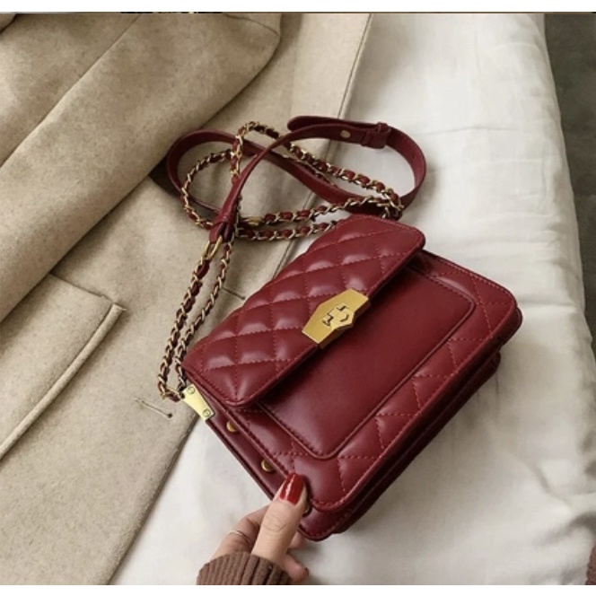 Túi đeo chéo khóa gấp ô trám ulzzang phiên bản đỏ cao cấp chất da mềm tay nhiều ngăn
