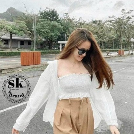Sét áo sơ mi form rộng phối áo ống nhúm trơn cực xinh , chất voan mềm mịn mát ( ảnh thật )