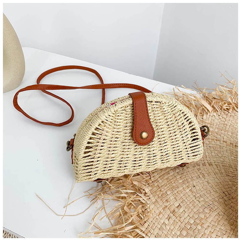 [NowShip - Giao Ngay] Túi Cói Boho Vintage Đeo Vai, Đeo Chéo Hình Tròn Bán Nguyệt Dây Da Màu Nâu Be Trơn