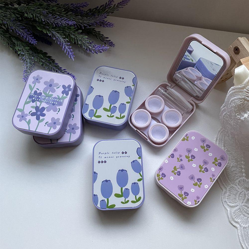 Hộp Đựng Mắt Kính Họa Tiết Hoa Tulip Màu Tím Kèm Gương Tiện Dụng Thời Trang