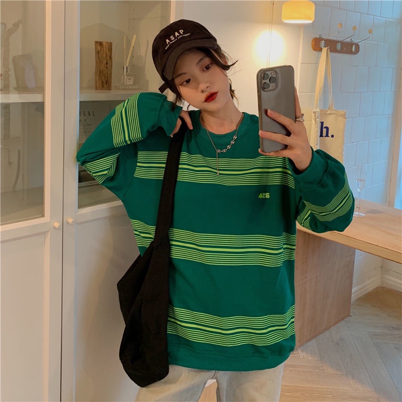 Áo Sweater Mỏng Dáng Rộng Họa Tiết Kẻ Sọc Thời Trang Mùa Thu Mới Cho Nữ