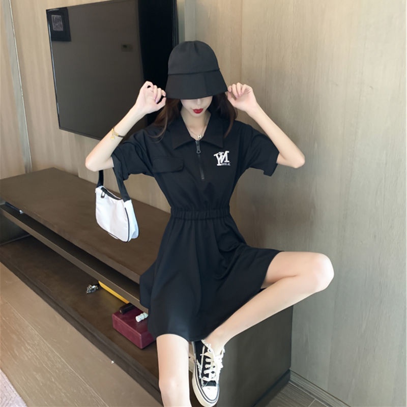 Black dress women's summer 2022 new Korean style temperament slim embroidered A-shaped short T-skirt polo collar small black skirt
