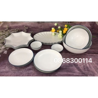 Bộ đồ ăn men trắng đánh chỉ xanh Bát Tràng