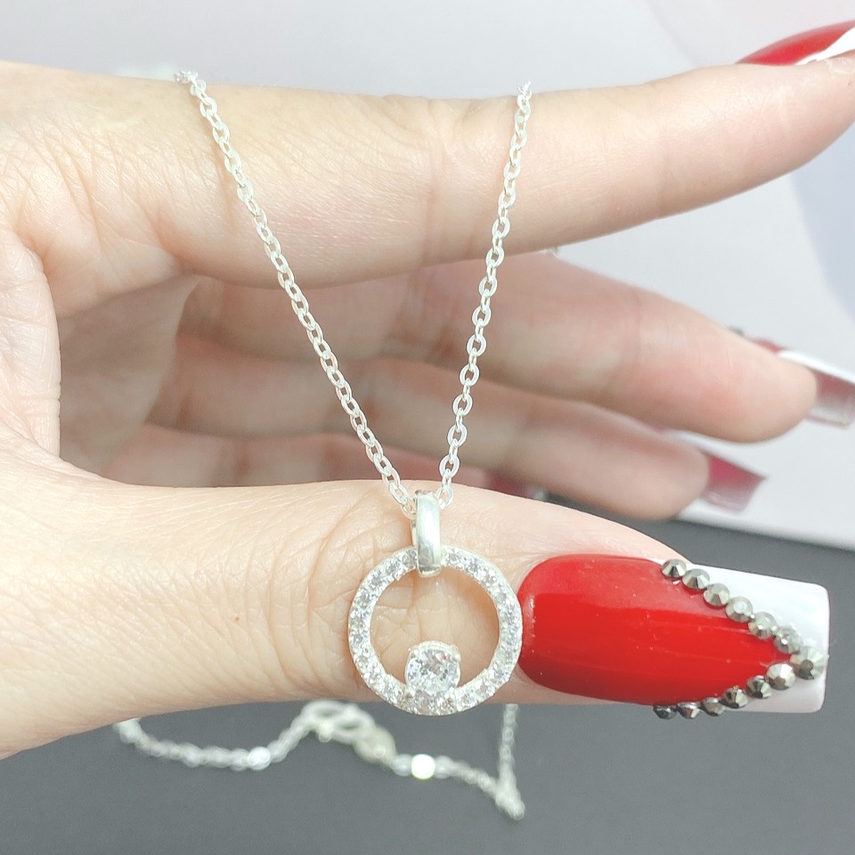Dây chuyền bạc nữ mặt tròn nạm đá, Vòng cổ nữ chất liệu bạc ta cao cấp - Trang sức bạc Evasilver