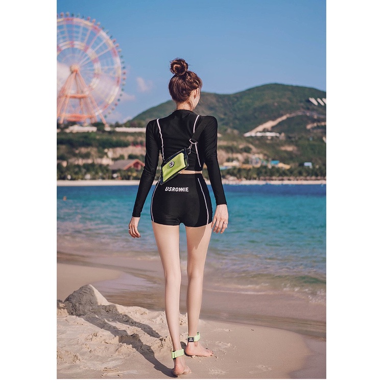 Đồ bơi bikini tay dài nữ quần đùi cạp cao USRONNIE Stye Hàn Quốc