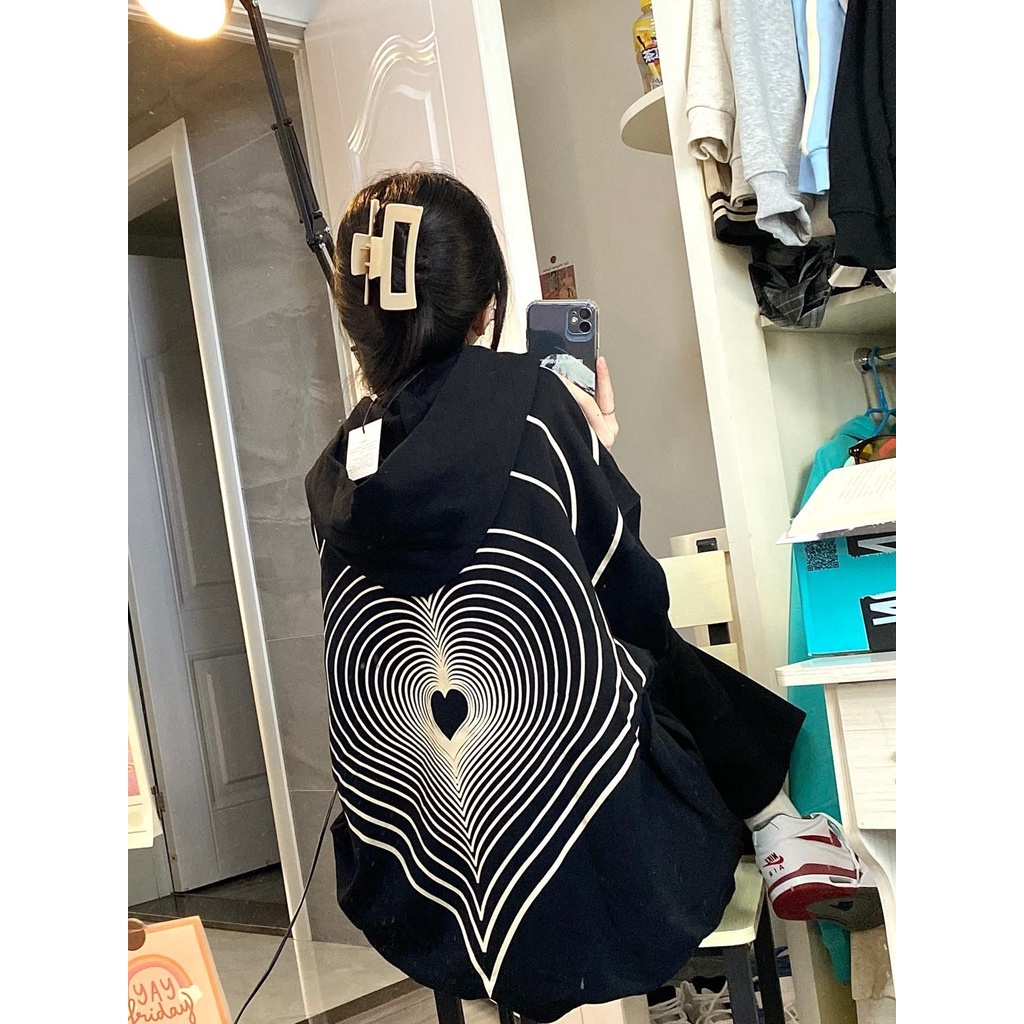 Áo khoác lót lông cừu in họa tiết trái tim phong cách thu đông cho nữ