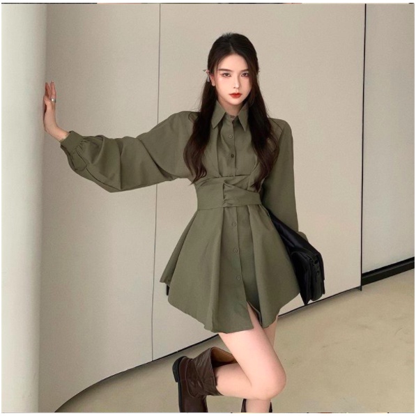 ĐẦM SƠ MI / ĐẦM BẦU /  ÁO SƠ MI FORM RỘNG DÁNG DÀI NỮ MÀU RÊU GIẤU QUẦN QUẤN EO THẮT NƠ COTI OFFICIAL