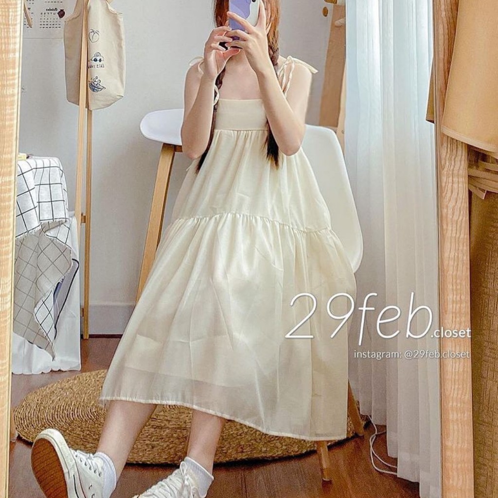 ĐẦM BABY DOLL BUỘC VAI VOAN XƯỚC CỰC XINH CÓ DÂY BUỘC VAI KIỂU DÁNG HÀN QUỐC, HAI MÀU ĐEN VÀ BE