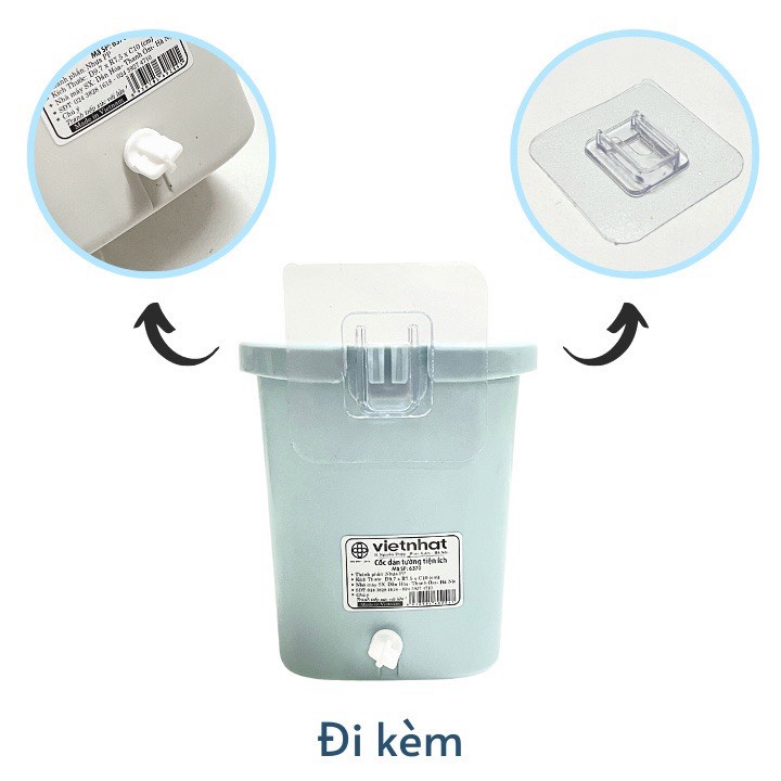 Cốc dán tường tiện ích Việt Nhật 6370, cốc để bàn chải kem đánh răng có lỗ thoát nước tiện lợi kèm miếng dán