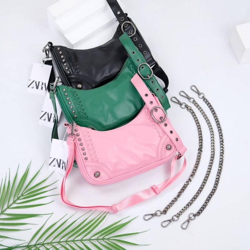 Túi Xách Zara Bằng Da Có Dây Xích Nhập Khẩu Cao Cấp Màu Đen Hồng Xanh Lá / Hồng Có Dây Đeo Trang Trọng Cho Nữ Mã z322