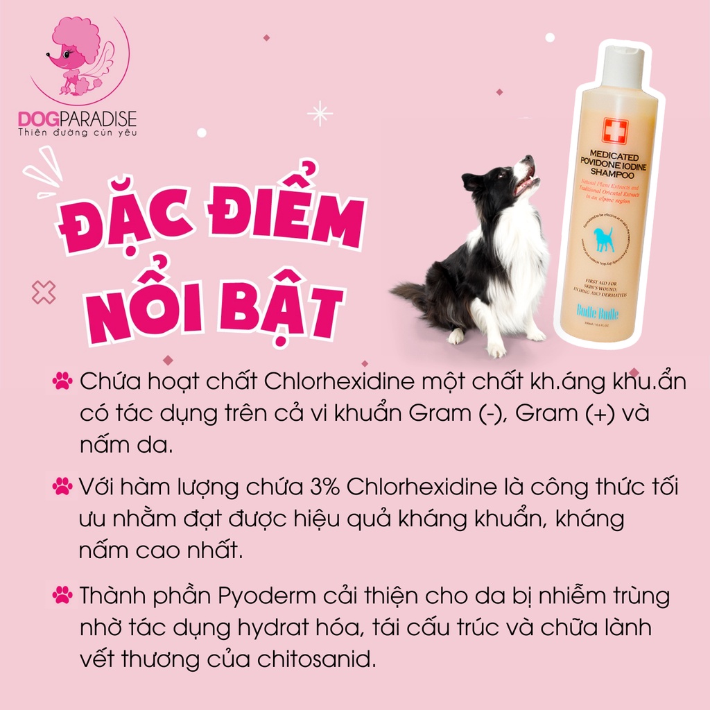 Dầu tắm từ thảo dược Budle Povidone Iodine đặc tr.ị các b.ệnh về da cho thú cưng chai 330ml - Dog Paradise