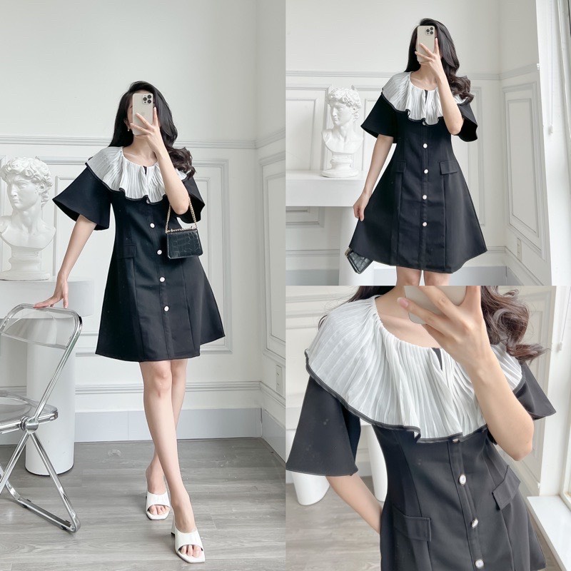 Đầm nút phối cổ xếp ly ⚡ CỰC HOT ⚡ Đầm nữ thời trang thiết kế 2 màu đen nâu phù hợp đi tiệc đi chơi H2