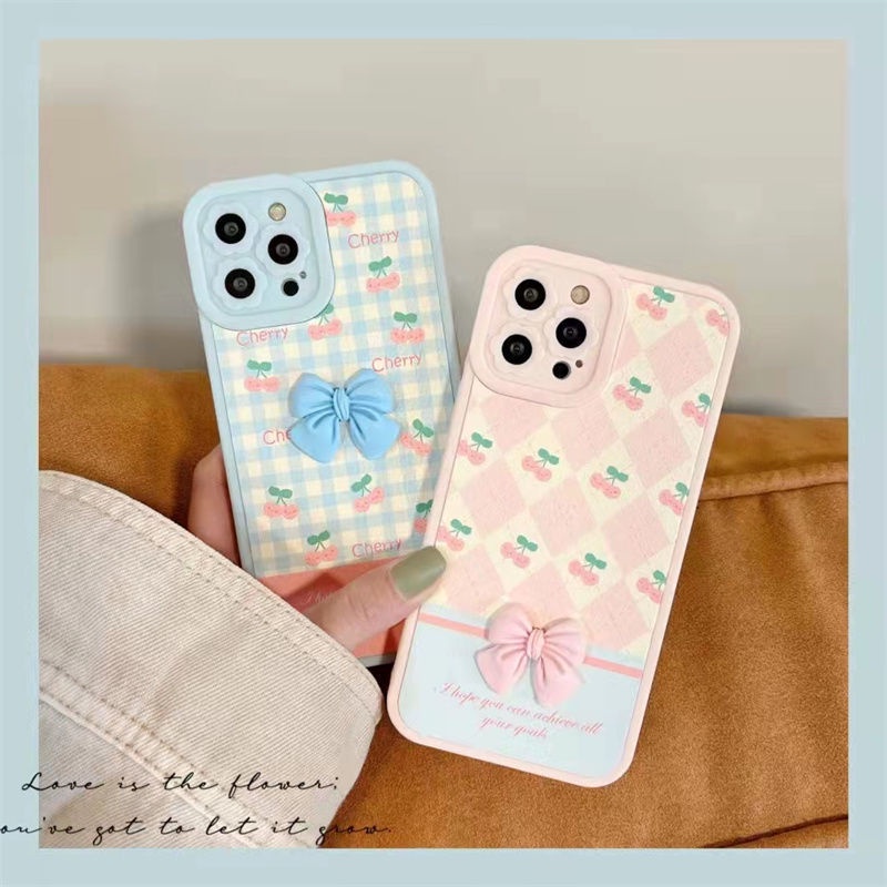 Ốp Điện Thoại Họa Tiết Cherry 3D Đính Nơ Xinh Xắn Cho IPhone 12 13 11 Pro Max X Xs Max Xr Asw1