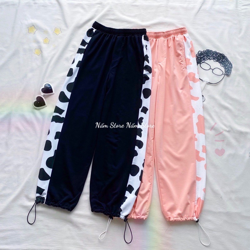 Quần dài ống rộng Nam nữ in hình đường viền bò sữa - Quần Jogger bò sữa 1 sọc line dây rút