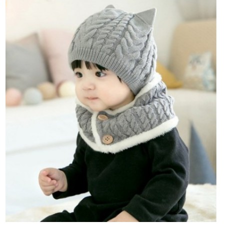 [ MŨ CHO BÉ ] Mũ len kèm khăn quàng giữ ấm cổ cho bé trai bé gái có cúc bấm
