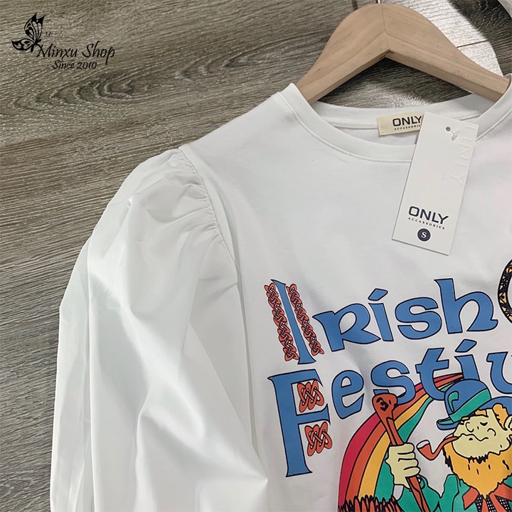 Áo thun trắng ONLY  nữ tay ngắn vai bồng sang chảnh tiểu thư, mùa hè thời trang đường phố hàn quốc Minxu shop OC07