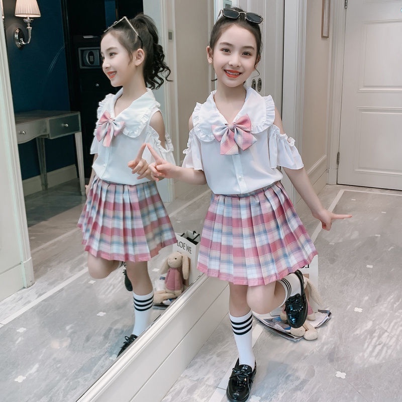 Bộ Đồng Phục Áo Sơ Mi Phối Chân Váy Xếp Ly Phong Cách Phương Tây Dễ Thương Thời Trang Mùa Hè Cho Bé Gái