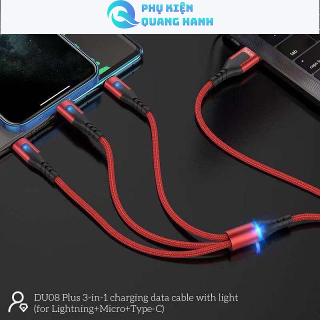 Cáp sạc 3 in 1 Hoco DU08 Plus ( LN+Micro+Type-C ) sạc nhanh 2.4A,có đèn LED,dài 1.2m