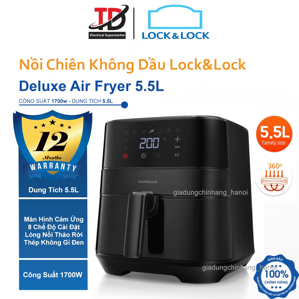 [Mã ELHAMS5 giảm 6% đơn 300K] Nồi Chiên Không Dầu Điện Tử Lock&amp;Lock Deluxe Air Fryer 5.5Lit/1700W - Hàng Chính Hãng