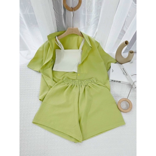 SET 3 MÓN XANH LÁ : KHOÁC SƠ MI TAY NGẮN + ÁO 2S  TRẮNG + SHORT ✨✨
