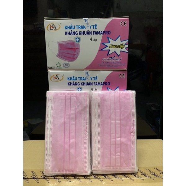 HỘP 50 CÁI KHẨU TRANG Y TẾ MÀU HỒNG 4 LỚP KHÁNG KHUẨN FAMAPRO