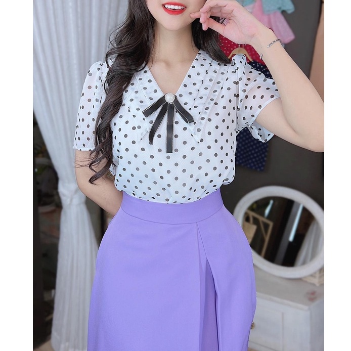 Áo sơ mi công sở nữ họa tiết chấm bi cổ 3 lớp CHUU A8074