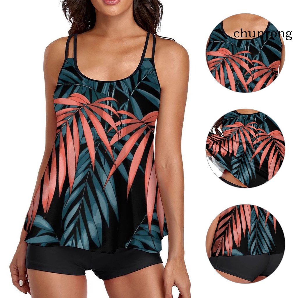 Bộ Đồ Bơi Áo Cổ Chữ U Không Tay Quần Short Lưng Cao In Họa Tiết Lá Dành Cho Nữ