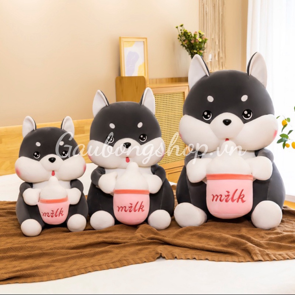 ấu bông chó Husky ôm bình sữa, Thú nhồi bông chó ôm bình sữa đáng yêu size 45cm/60cm/80cm cao cấp gaubongshop.vn - M029