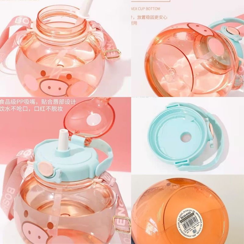 Bình nước hình gấu siêu to có dây đeo quai sách dễ thương kèm ống hút MIIBOOSHI D2.089.XA