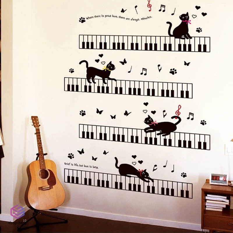 Sticker Dán Tường Họa Tiết Hình Con Mèo Và Phím Đàn Piano Dùng Trang Trí Phòng Cho Trẻ Nhỏ